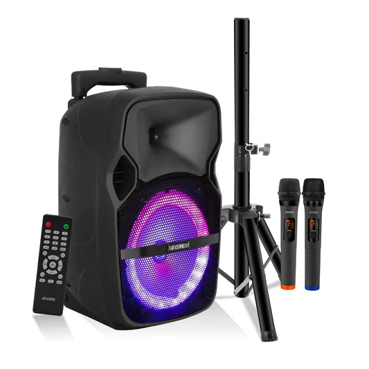 5 CORE 8 Inch TWS PAIR Bluetooth Party Speakers 250 Watt Portable Karaoke PA System Rechargeable Loud Speaker + Tripod Stand & 2x Wireless Mics LED Light Active Home 8 2-MIC